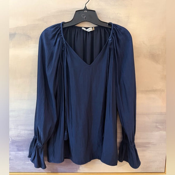 Ramy Brook Navy Blue Long Sleeve Satin Blouse - Picture 1 of 6